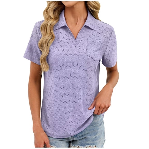 hoksml Women's Collared Eyelet Athletic T-Shirt Casual Short Sleeve V-Neck Top with Pocket
