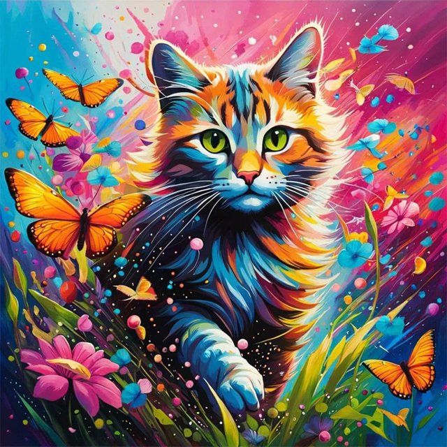 Pintura de diamante 5D DIY, taladro redondo completo, Kit de gato y mariposa, decoración del hogar, 30x30cm