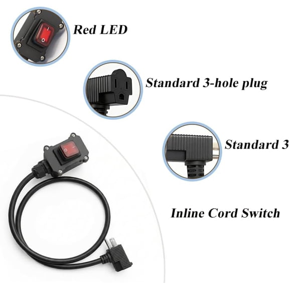 KEFENL-Inline Cord Switch with On/Off Button, IP67 Waterproof Extension Cord with [3.3FT 14AWG] Cable & 3-Pronged Piggyback Plug, Outdoor Power Outlet with Red Light Rocker Button 20A/125V 16A/250V