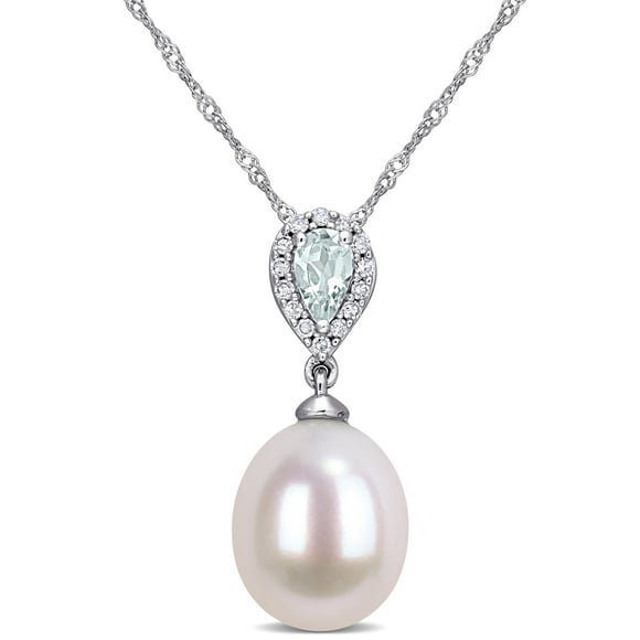 Miabella Perle d'Eau Douce 9-9.5mm, 1/5 Carat T.G.W. Aigue-Marine et Pendentif en Or Blanc 10kt