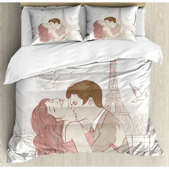 Kiss Duvet Cover Set, Romantic Man and Woman in Front of Eiffel Tower Flying White Birds Love Passion, Decorative 3 Piece Bedding Set with 2 Pillow Shams, King Size, Dried Rose Beige, by Ambesonne