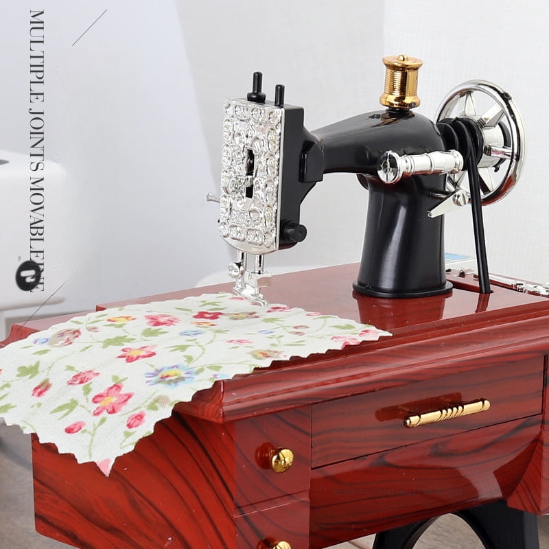 Retro Mini Sewing Machine Music Box - Hand-Wound (No Battery), Drawer-Activated Melody & Moving Parts (Pedal/Needle/Wheel)