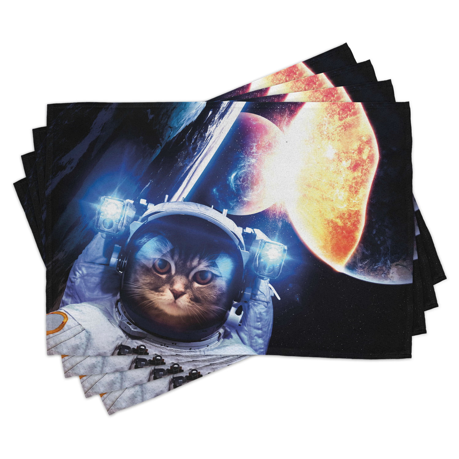 Space Cat Placemats Set of 4 by Ambesonne Washable Fabric Place Mats 
