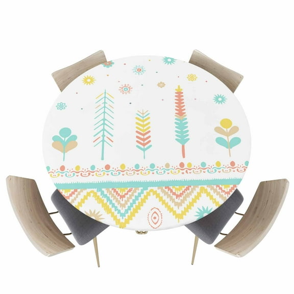 Watercolor Ethnic Aztec Triangle Fitted Tablecloth for 55-60in Round Tables,Waterproof Table Cover,Tribal Flower Tree on White Elastic Edge Table Cloths for Dining Kitchen Holiday Party Decor