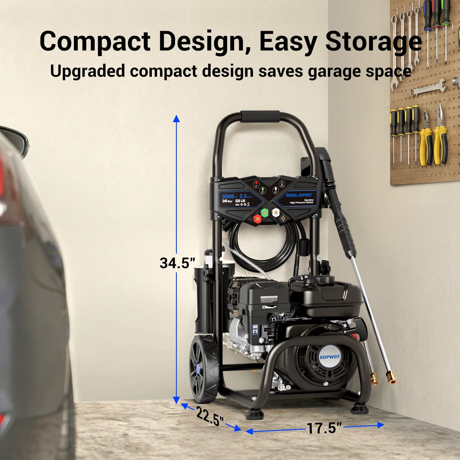 Efurden 3500PSI 2.3GPM Gas Pressure Washer, 209CC 7HP Engine, 4 Quick Connect Nozzles, 25FT Pressure Hose & Soap Tank