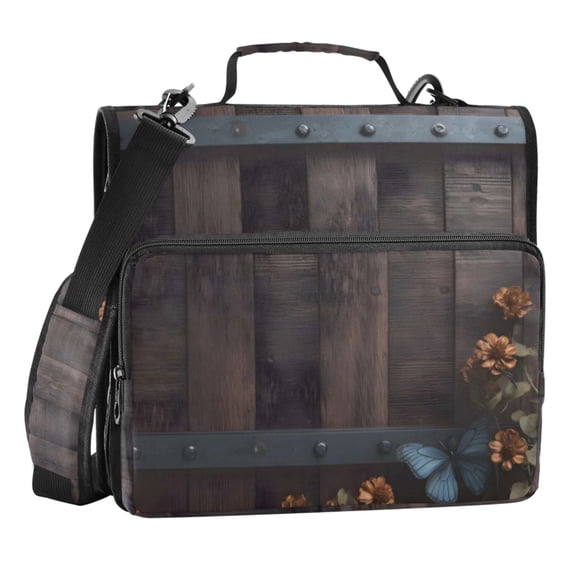 Zipper Binder Blue Butterfly Floral Wood Grain 1.5 Inch Binder Folder Bag with Shoulder Strap and Handle