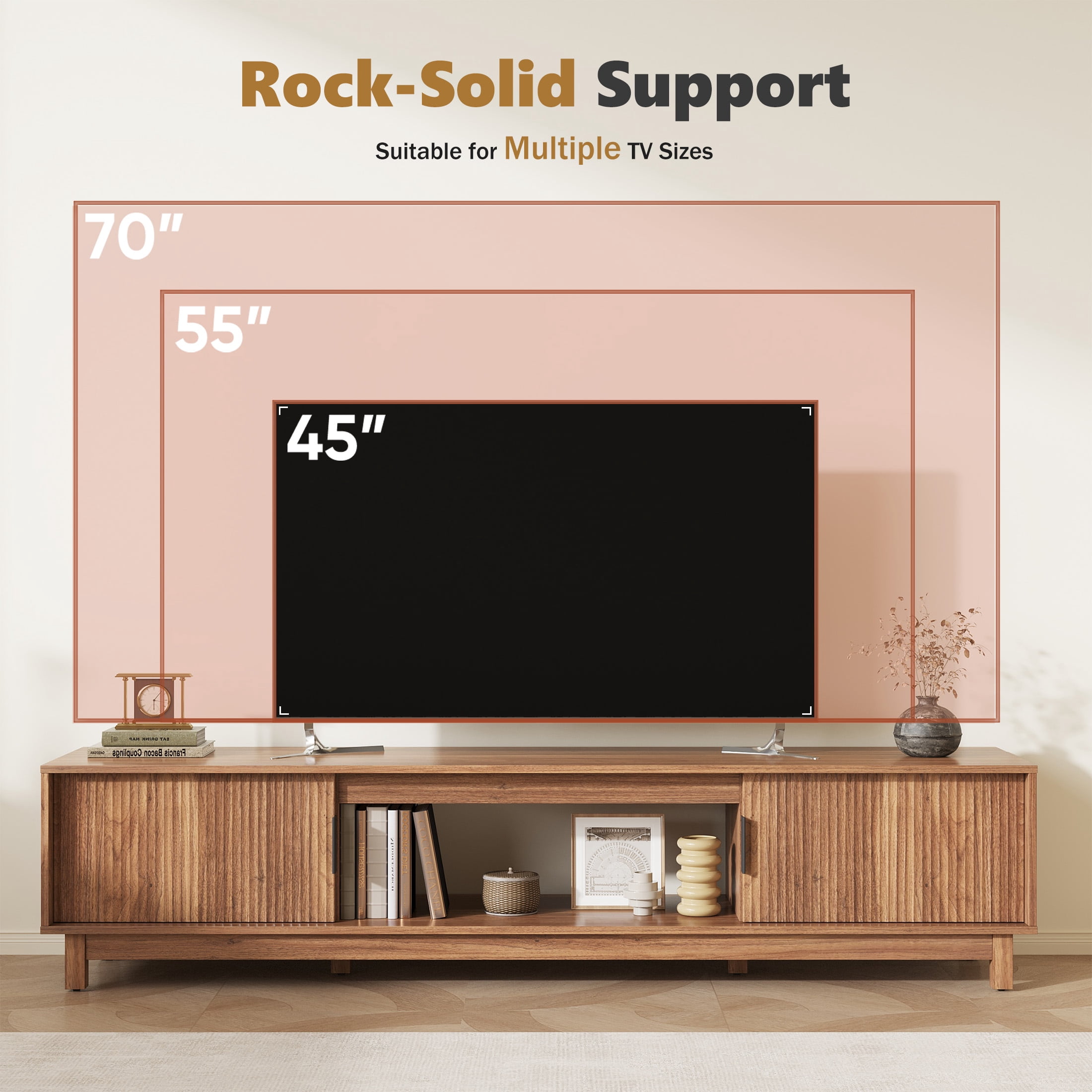 JIOABL 58" Rattan TV Stand, Wood Entertainment Center with Storage Cabinets & Cable Management Hole
