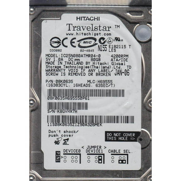 IC25N080ATMR04-0, PN 08K0635, MLC H69555, Hitachi 80GB IDE 2.5 Hard Drive