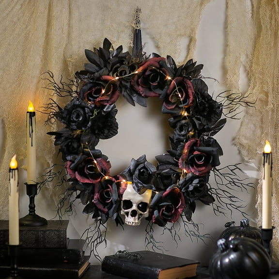 Morris Costumes 23.5 in Light-Up Dead Roses Halloween Wreath  - Black
