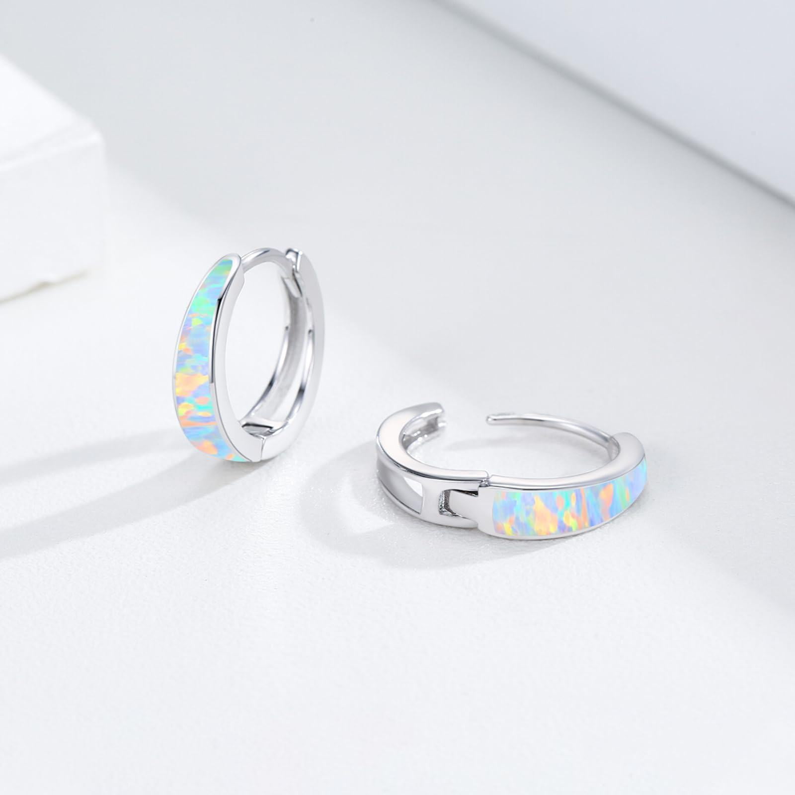 Coachuhhar Opal Earrings for Women 925 Sterling Silver White Opal Hoop Huggie Earrings Hypoallergenic Cartilage Hoops Earrings Opal Jewelry for Mother's Day
