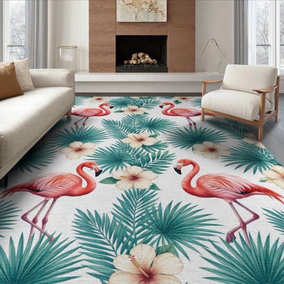 ODIKA 8'x10' Washable Area Rug Botanical Frond Border Jungle Motif Exotic Watercolor Leaves Refined Structured for Dining Room, Large Office, Lounge, Non-Slip Chair-Friendly Mat