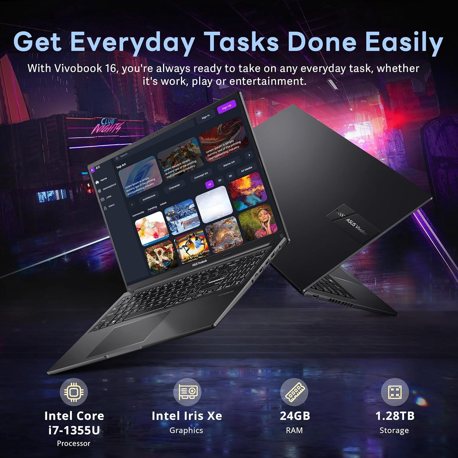 ASUS Vivobook 16" WUXGA Laptop, Intel i7-1355U, 24GB RAM, 1.28TB Storage(1TB SSD+288GB Docking Station Set), Intel Iris Xe Graphics, Numeric Keypad, HD Webcam, Keyboard Backlight, Win 11 Home, Black