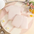 thumbnail image 5 of Amidoa Girls Summer 2 Piece Outfits Solid Color Cute Short Sleeve and Casual Shorts Kids Clothing Set Beige Size 8-12 Months, 5 of 8