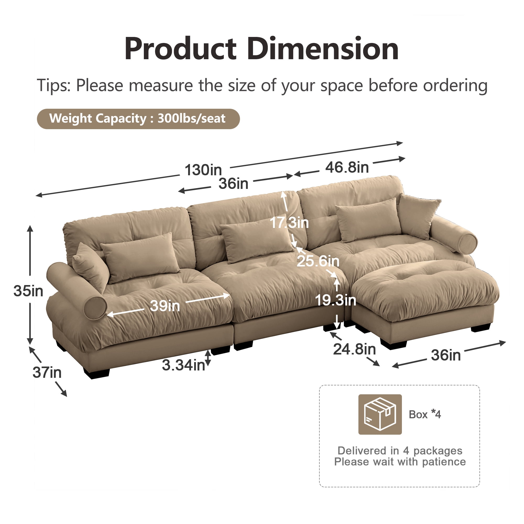 Alvantor L-Shaped Sectional Sofa 3-Seater Velvet Sofa Couch with Bolstered Armrests for Living Room, Easy Assembly Camel