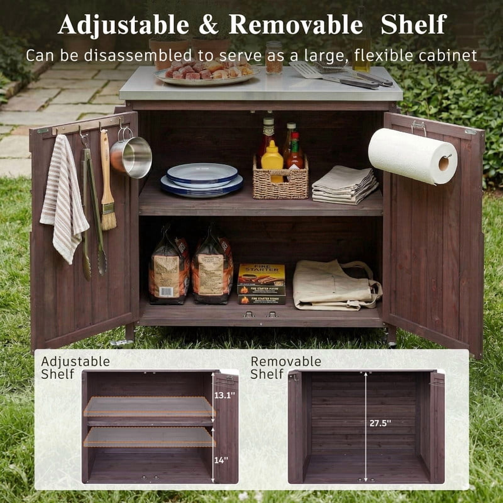 42" Outdoor Kitchen Island with Stainless Steel Top, Fir Wood Grill Cart Outdoor Storage Cabinet with Adjustable Shelf and 4 Wheels
