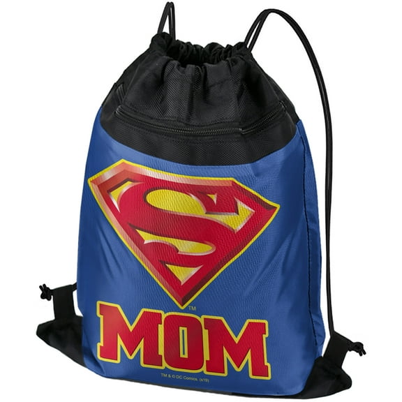 Superman Super Mom Shield Logo Drawstring Backpack Sports Bag Sackpack 17" x 13", Perfect for Gym, Yoga or Practice