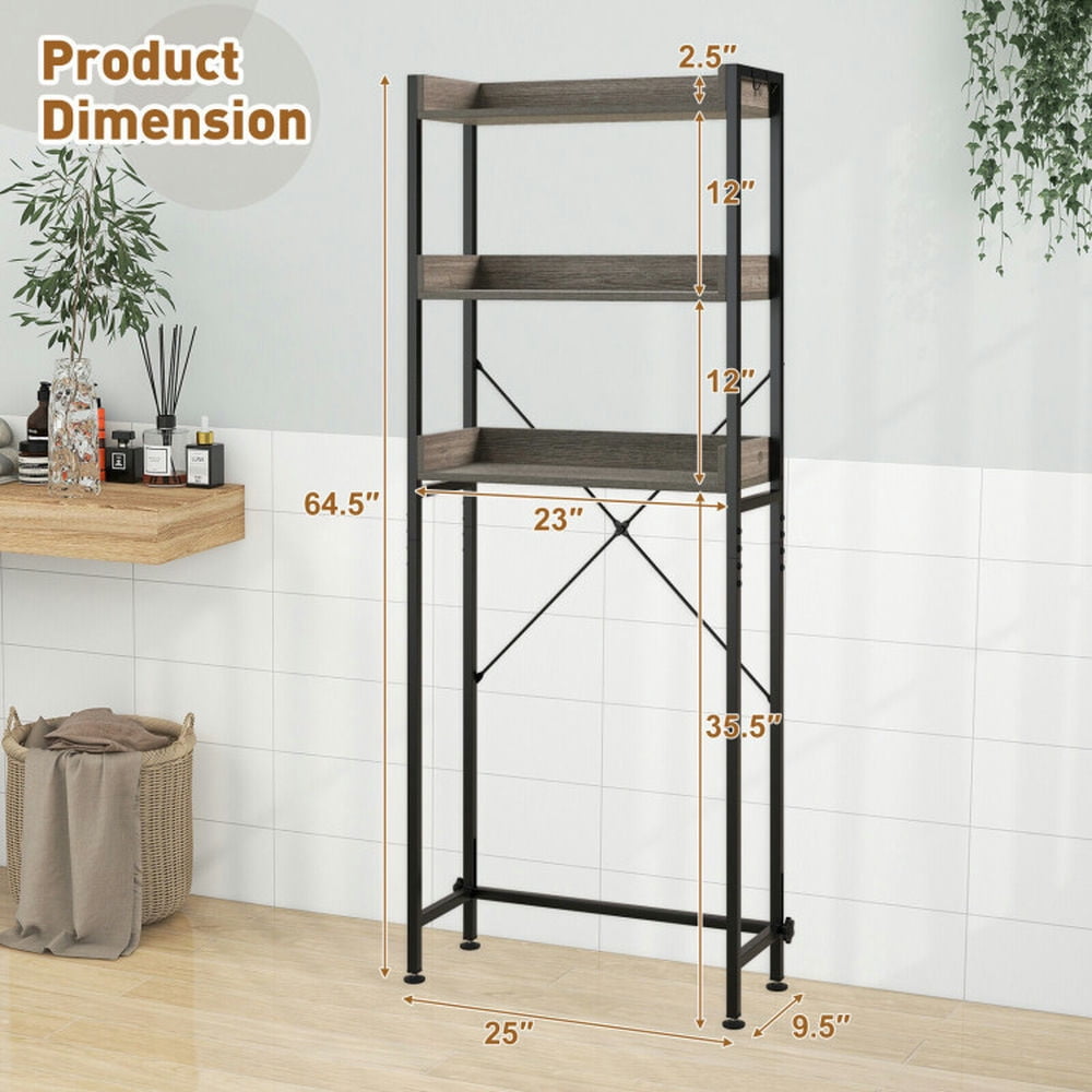 Finihen Toilet Storage Rack, Toilet Storage Shelf, Over The Toilet Storage Rack with Hooks and Adjustable Bottom Bar, for Bathroom, Gray