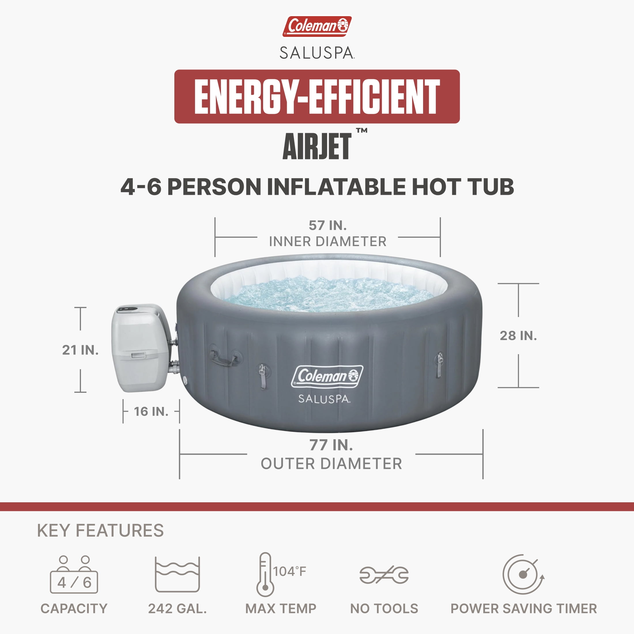 Coleman SaluSpa 4-6 Person AirJet Inflatable Hot Tub with EnergySense Cover, Grey, 77"x28"
