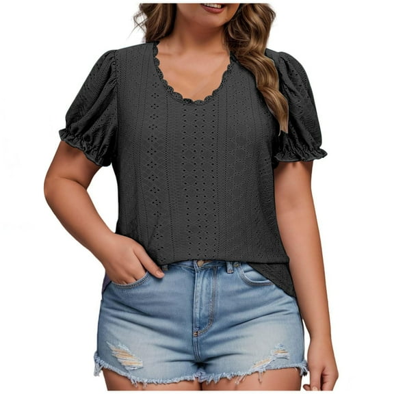 Hvyesh Plus Size Shirts for Women Summer Eyelet Lace Tops Puff Short Sleeve Tunics Tops Fashion V Neck Puff Sleeve T Shirts