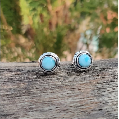 Larimar Stud Earrings – Natural Larimar 925 Sterling Silver Floral Boho Studs, Handmade Blue Gemstone Earrings for Women & Men