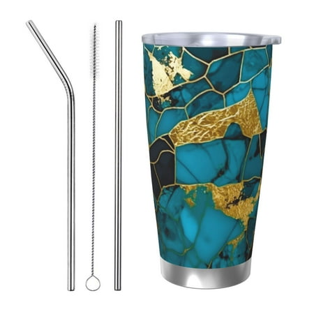

Vsdgher Watercolor Blue Marbled 20 Oz Stainless Steel Vacuum Insulated Travel Mug Coffee Cup for Home Office Outdoor Works Great for Ice Drinks and Hot Beverage -Straw Three-piece Set