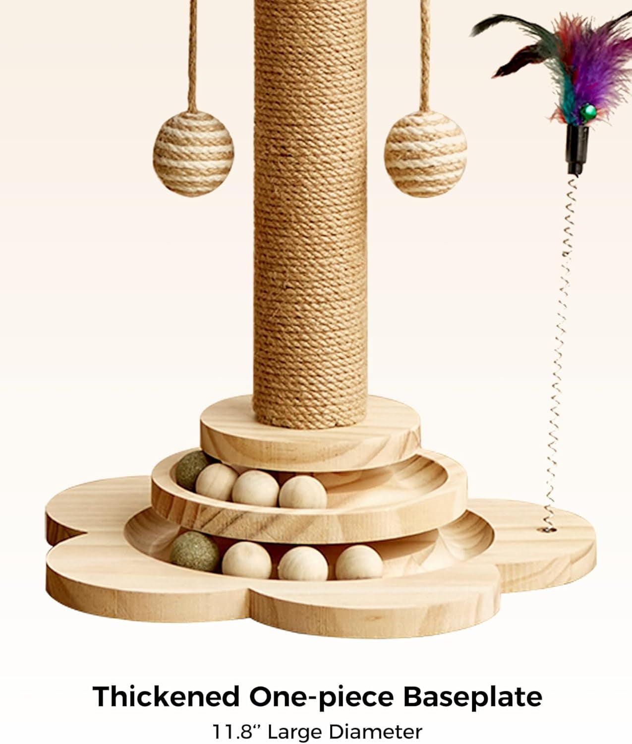 4 in 1 Wooden & Sisal Cat Scratching Post with 2 Level Cat Track Balls & Interactive Feather Toy, Natural Wood