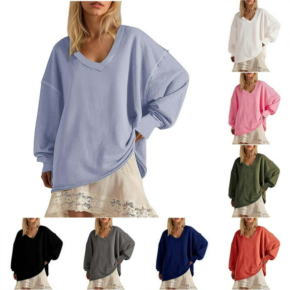 HomeDM Women Long Sleeve V Neck Sweatshirts Loose Fit Pullover Tops Casual Solid Color Shirts - Light Blue/L