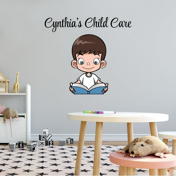 Personalized Name Day Care Wall Decal Cartoon Boy Reading the Book Daycare Wall Decal for Care Taker Education Cute Themed Room Décor - Size: 10 In x 9 In