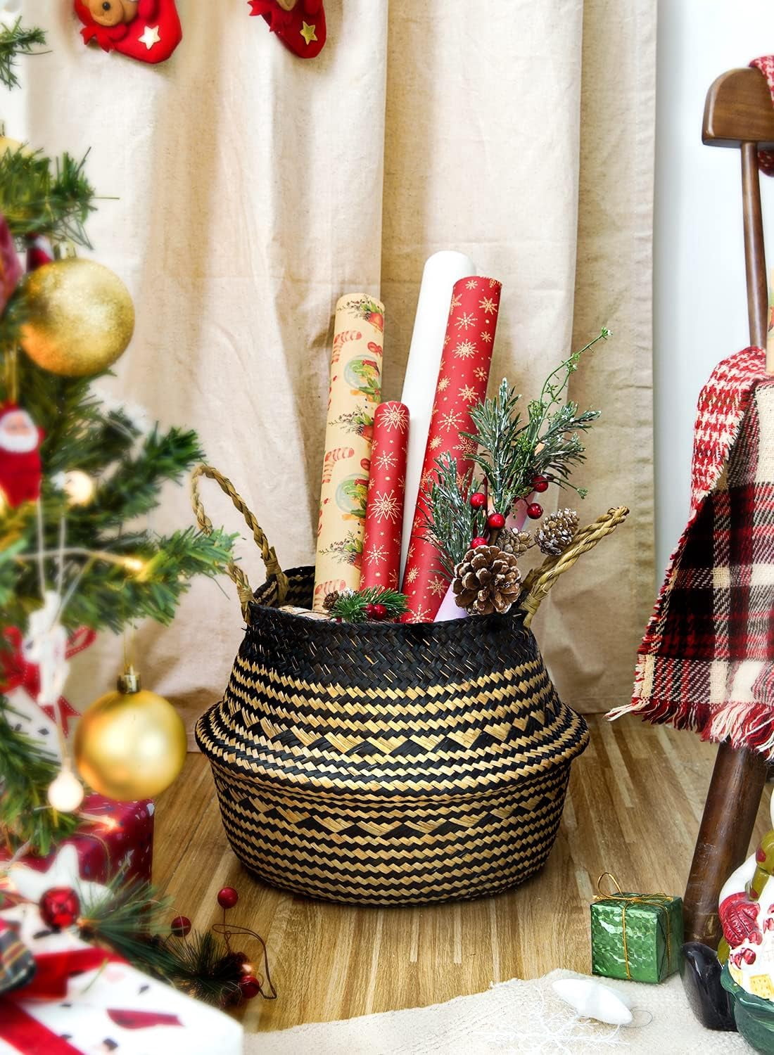 LE TAUCI Plant Basket, 7.8 Inch Black Triangle Woven Seagrass Belly Planter Baskets