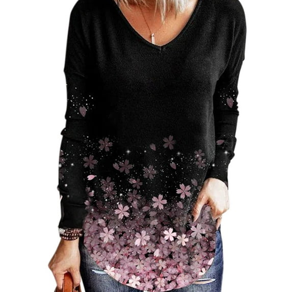 Gvmfive Women's Long Sleeve V Neck Floral Tunic Tops Blouse Shirts