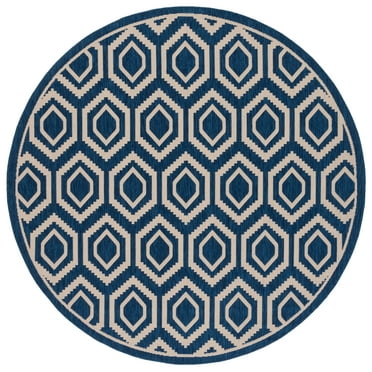 SAFAVIEH Courtyard Amelia Geometric Indoor/Outdoor Area Rug, Navy/Beige, 5'3" x 5'3" Round