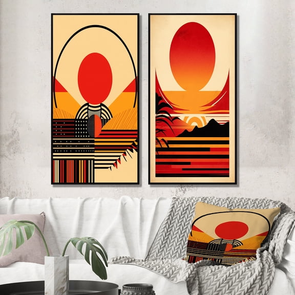 Designart "Bold Red Sunset II" Coastal Sunset Framed Wall Art Set Of 2 - Red Beach Framed Canvas Set For Living Room Decor