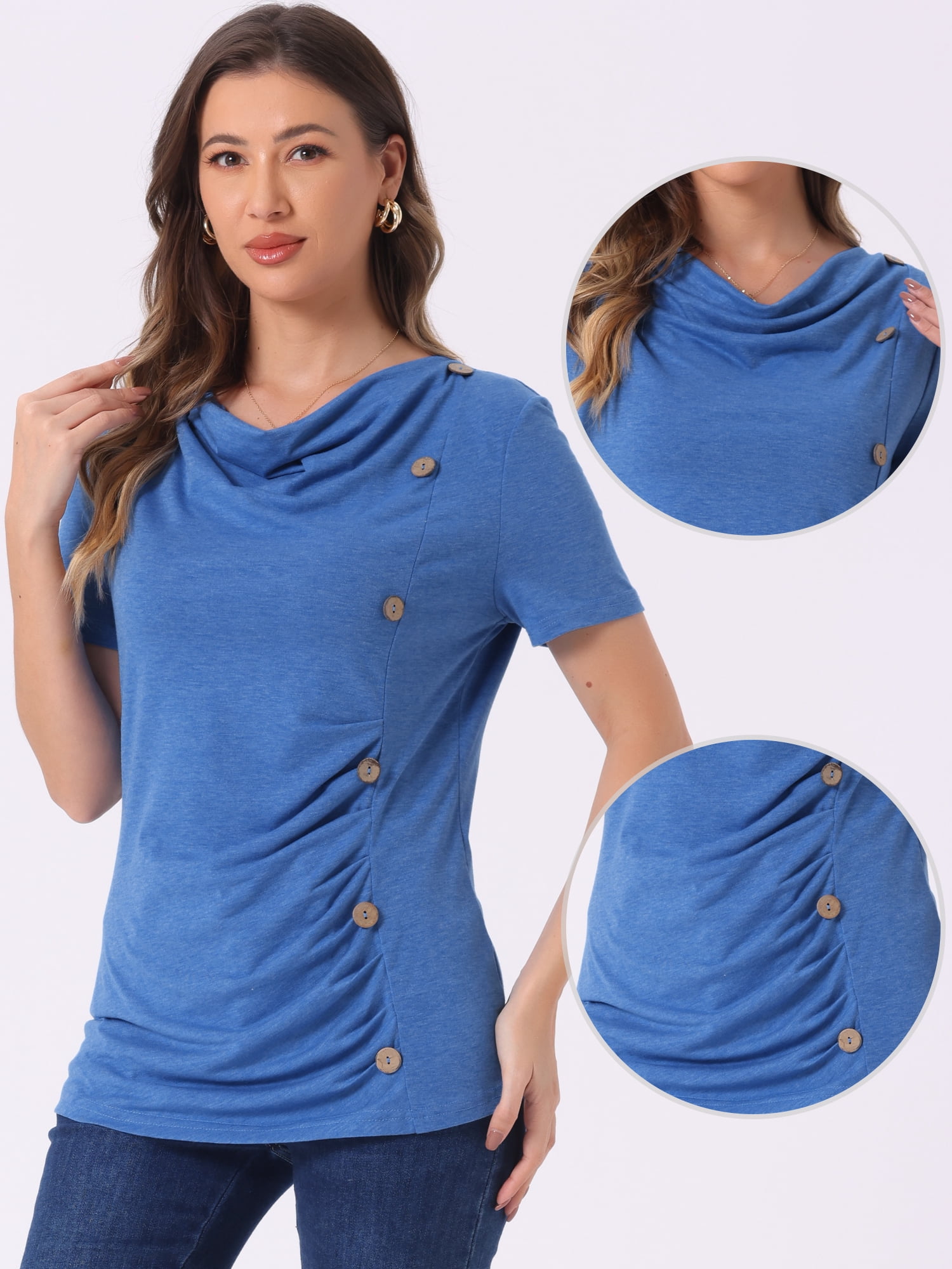 DARING DIVA Women's Cowl Neck Ruched Short Sleeve Tops with Button Decor M Blue