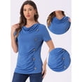 thumbnail image 2 of DARING DIVA Women's Cowl Neck Ruched Short Sleeve Tops with Button Decor S Blue, 2 of 6