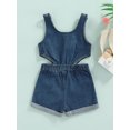 thumbnail image 4 of Bagilaanoe Toddler Baby Girl Summer Playsuit Sleeveless U-neck Buckle Shoulder Straps Cutout Waist Denim One Piece Romper, 4 of 8