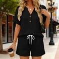 thumbnail image 5 of Bloomae Textured Knit Short Sets for Women 2 Piece Summer Short Sleeve Button V Neck Shirt Drawstring Waist Short Pants Matching Lounge Set Beach Loose Casual Vacation Outfits, 5 of 6