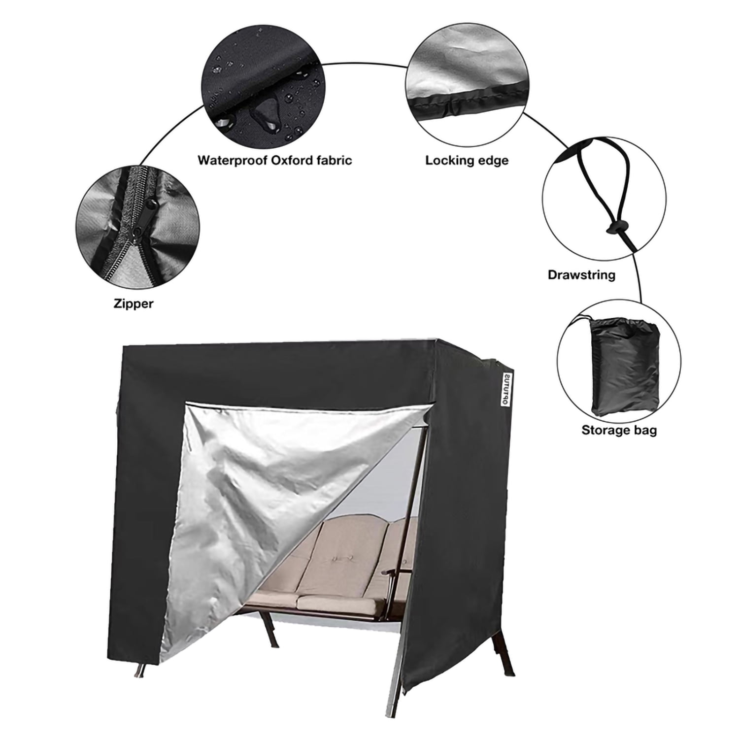 OPTUTUS Outdoor Swing Cover 3 Seater Hammock Cover, Waterproof Patio Bench Swing Cover for 87 inch Garden Glider Swing Canopy Black