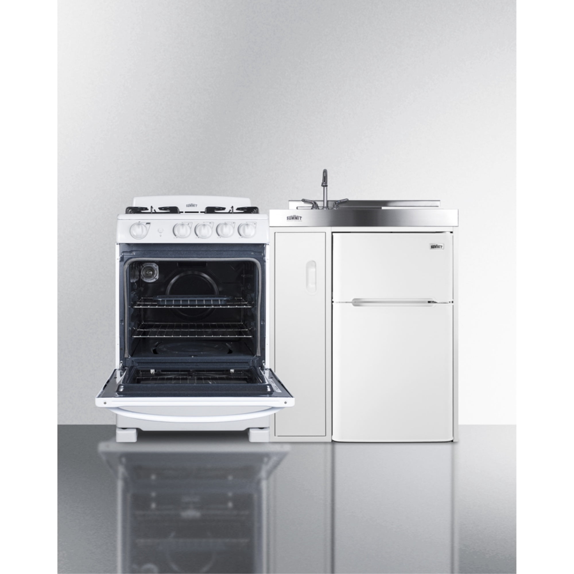 All-in-one combination kitchenette with refrigerator-freezer, sink, storage cabinet, and gas range