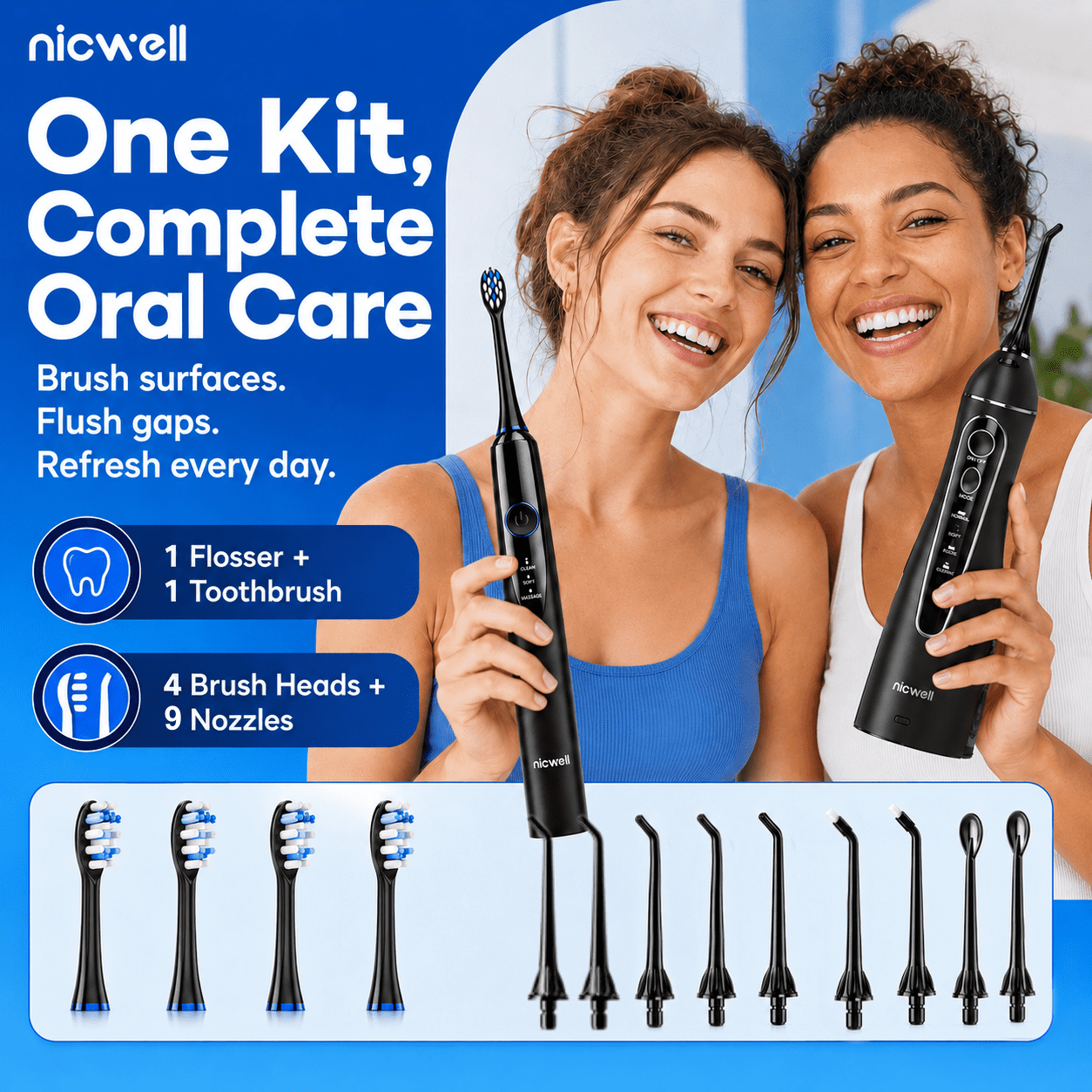 NICWELL2-in-1 Electric Toothbrush and Water Flosser Combo, Sonic Toothbrush with 4 Brush Heads and Cordless Oral Irrigator with 9 Nozzles, Rechargeable Dental Care Kit for Adults, Complete Teeth Clea