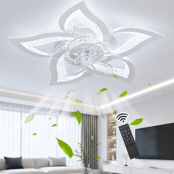 Garwarm Flower Ceiling Fans with Lights and Remote, 24 Inch Modern Low Profile Flush Mount Ceiling Fan, Dimmable LED Ceiling Light Fixture, Small Ceiling Fans for Bedroom, Kitchen, Indoor-White