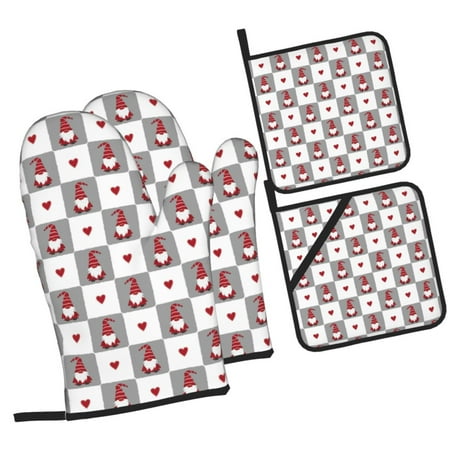 

Zeuib Gnomes and Hearts Oven Mitts and Potholders BBQ Gloves Kitchen Oven Glove High Heat Resistant 500 Degree Extra Long Oven Mitts and Potholder with Non-Slip Silicone Surface for Cooking