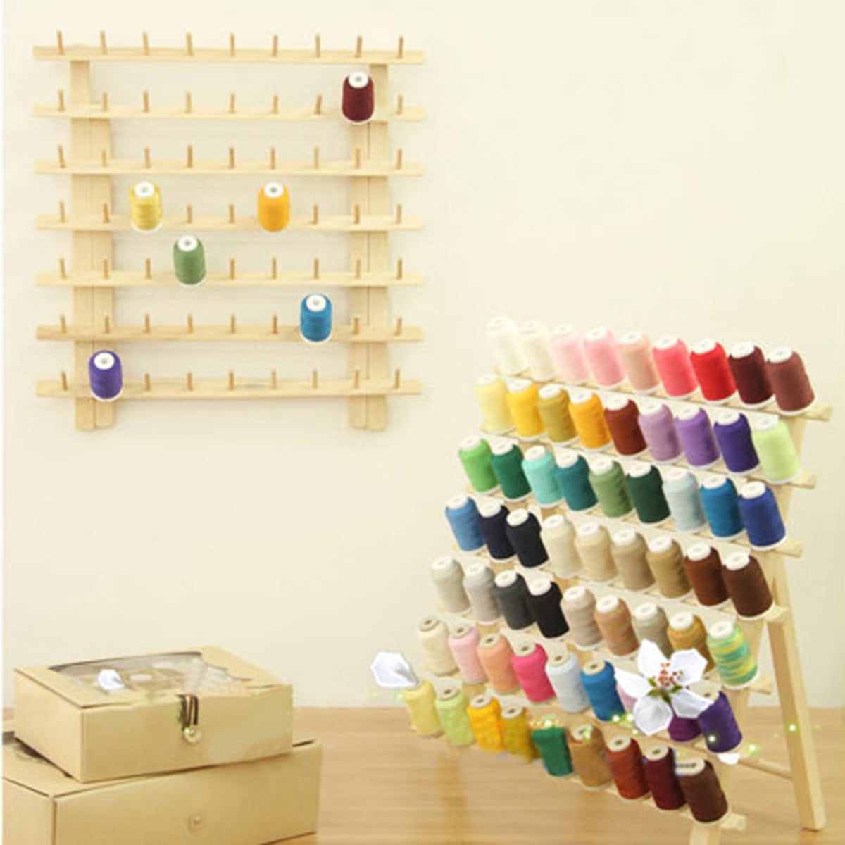 Thread Rack 120 Spools Wood Folded Thread Rack Sewing Embroidery Stand