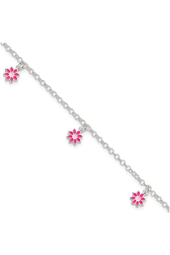 Sterling Silver Polished Children's Enameled Flower Bracelet Made In Italy qg4089-6