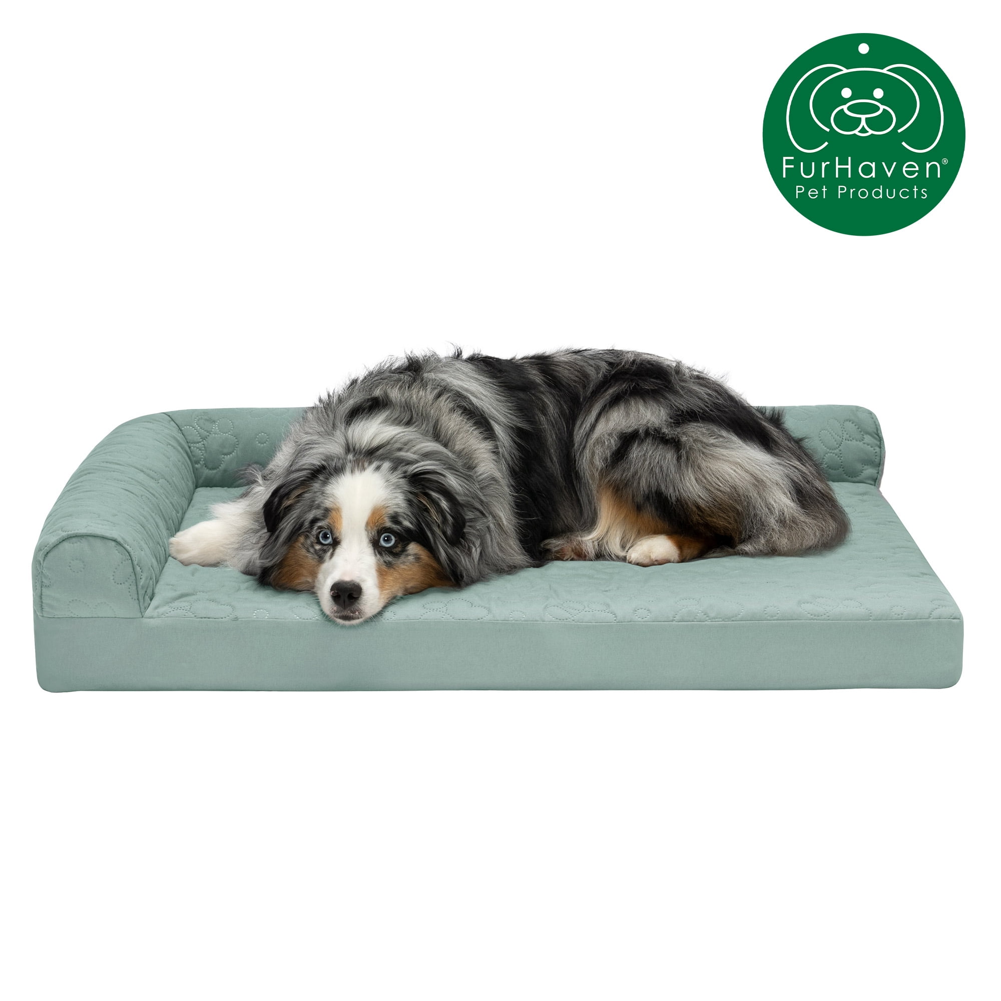 FurHaven Pet Products | Paw-Quilted Deluxe L-Chaise Full Support Solid Orthopedic Sofa Pet Bed for Dogs & Cats - Iceberg Green, Large