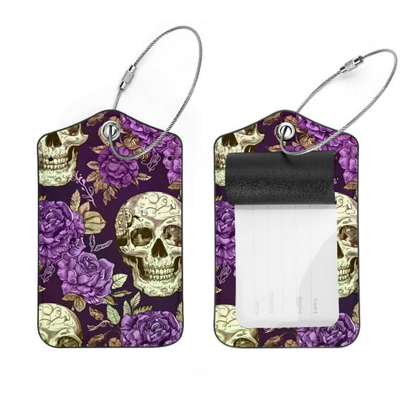 PhooArto Sugar Skull Purple Rose Pattern Luggage Tags with Stainless Steel Loop, 2 Pack Luggage Tag Holders for Travel Luggage Baggage Identifier