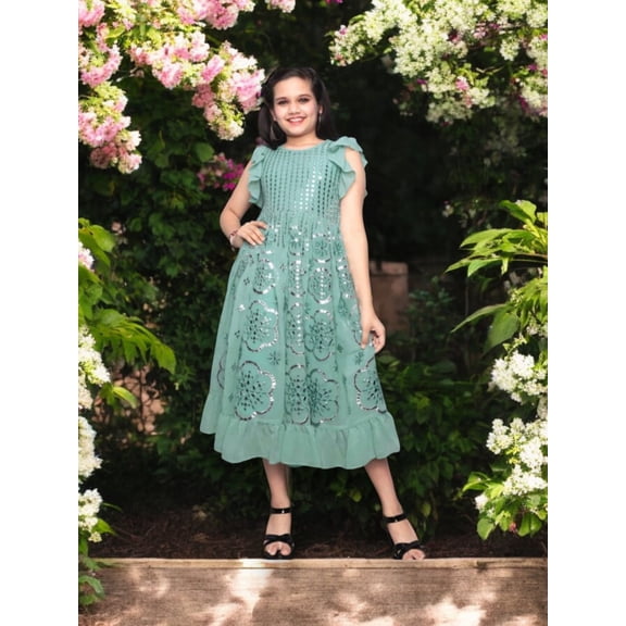 Sea Breeze Delight,Traditional Party Wear Georgette Embroidery Mirror Work Frock For Girls
