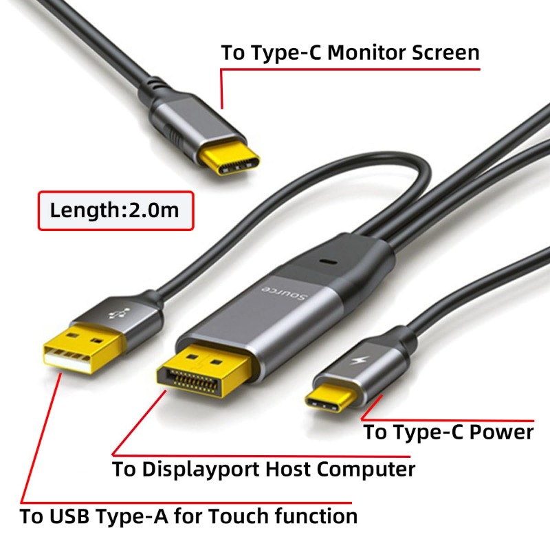 Reverse Displayport Source to Type C USB-C Touchscreen Monitor Male 4K HDTV Cable for Laptop Monitor 2.0m