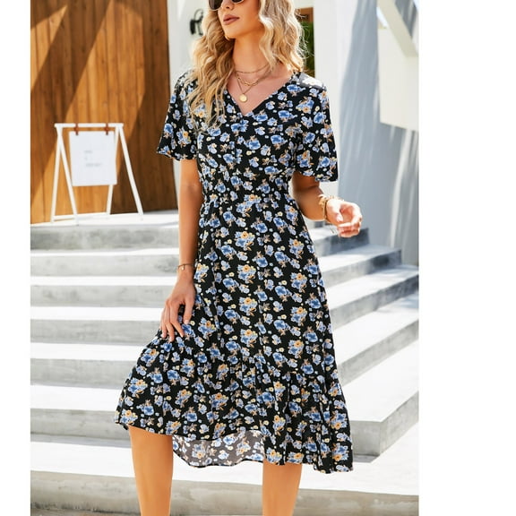 Dresses for Women 2023 Plus Size Summer Casual Midi Clearance Dresses For Women 2023 Fashion Women Summer Button Casual V-Neck Print Ruffles Short Sleeve Dress