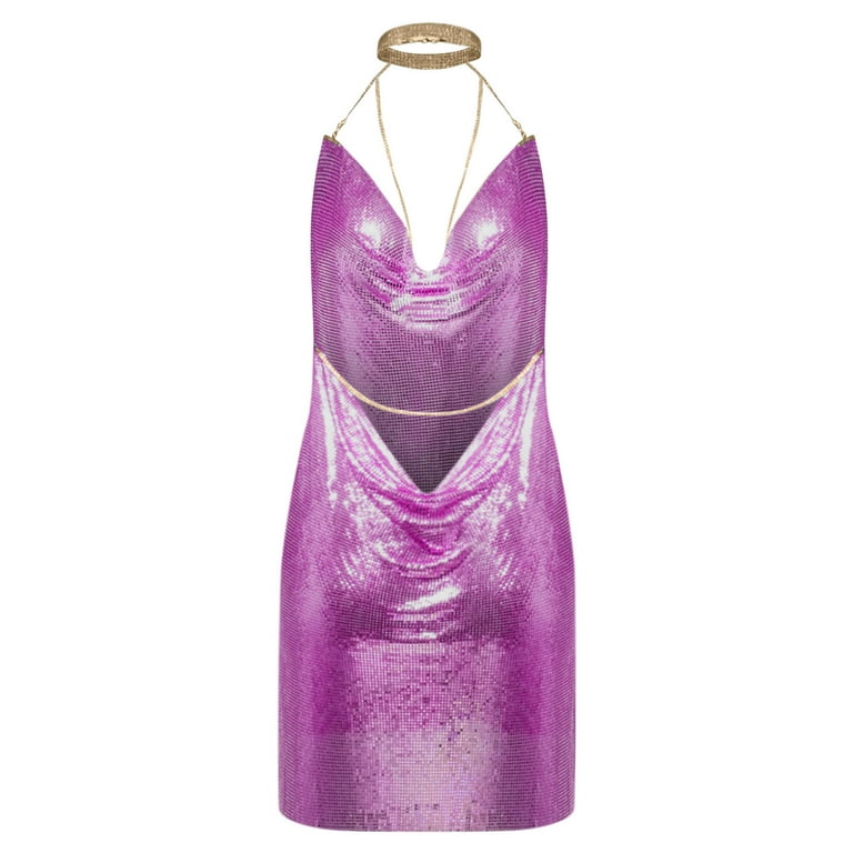 Women Sexy Halter Mini Dress Y2K Low Cut Mini Dress Sleeveless Cowl Neck  Spaghetti Strap See Through Metal Chain Halter Sequin Glitter Sparkle Dance  Costume Festival Club Cover Up Ladies - Walmart.com