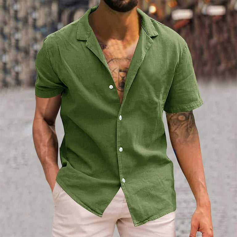 CBGELRT Mens Shirts Fashion Travel Shirts Men Solid Short Sleeve Shirt  Button Cotton Linen Shirt Purple xxl
